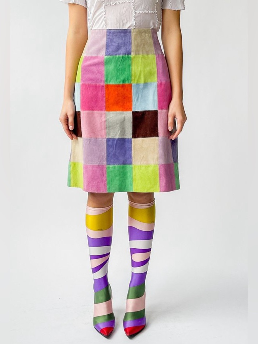 Isaak Mizrahi Y2K Suede Multicolor Patchwork High Waist A-line Midi Skirt, 10